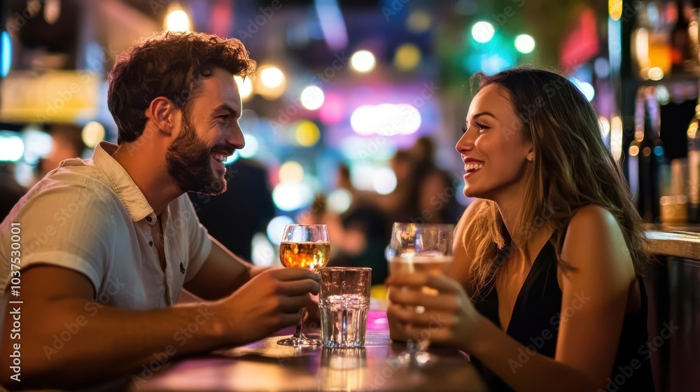A smiling couple sits at a bar table enjoying drinks, surrounded by vibrant, colorful lights in the background, capturing a sociable and lively atmosphere. A smiling couple sits at a bar table enjoying drinks, surrounded by vibrant, colorful lights in the background, capturing a sociable and lively atmosphere.