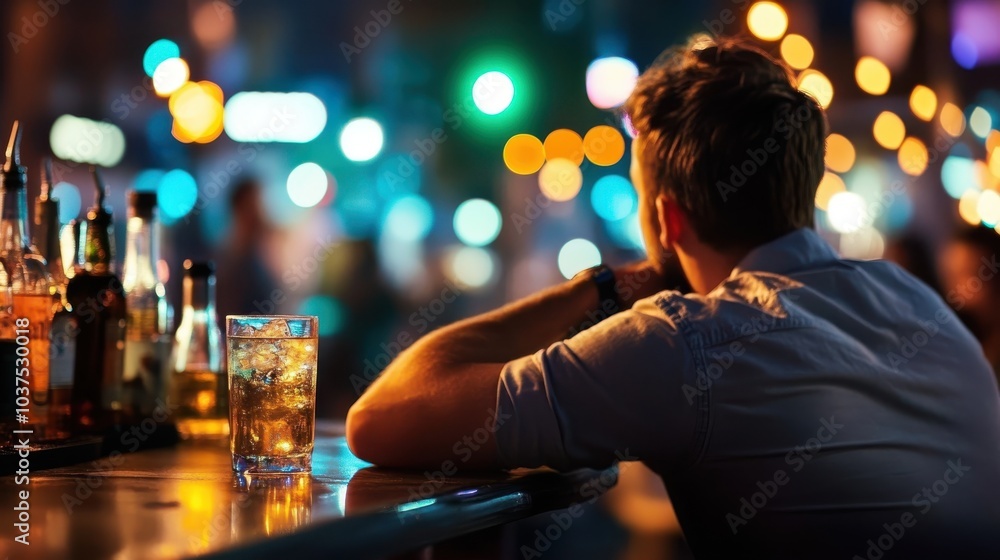 A solitary man leans on a bar counter with a drink, gazing thoughtfully amidst bright bokeh lighting, evoking a sense of introspection and solitude. A solitary man leans on a bar counter with a drink, gazing thoughtfully amidst bright bokeh lighting, evoking a sense of introspection and solitude.