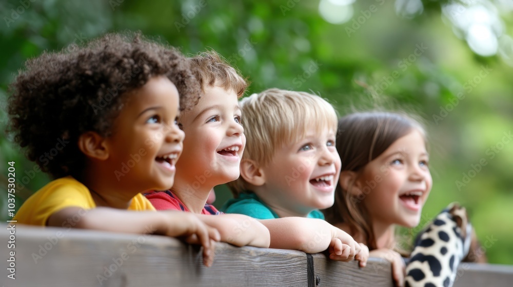 Four cheerful children beam with excitement as they observe something captivating, conveying pure joy and the beauty of childhood in a lively, outdoor setting.