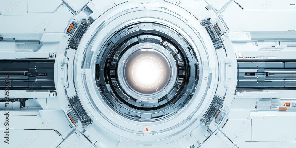 Obraz premium Full of technology web design interface, with a circular glass in the middle, symmetrical layout, virtual reality, mech-style texture, pure white background