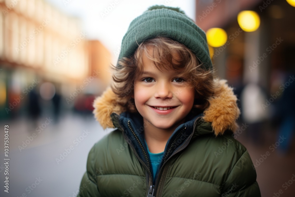 Portrait of a cute little boy in warm clothes on the street Portrait of a cute little boy in warm clothes on the street