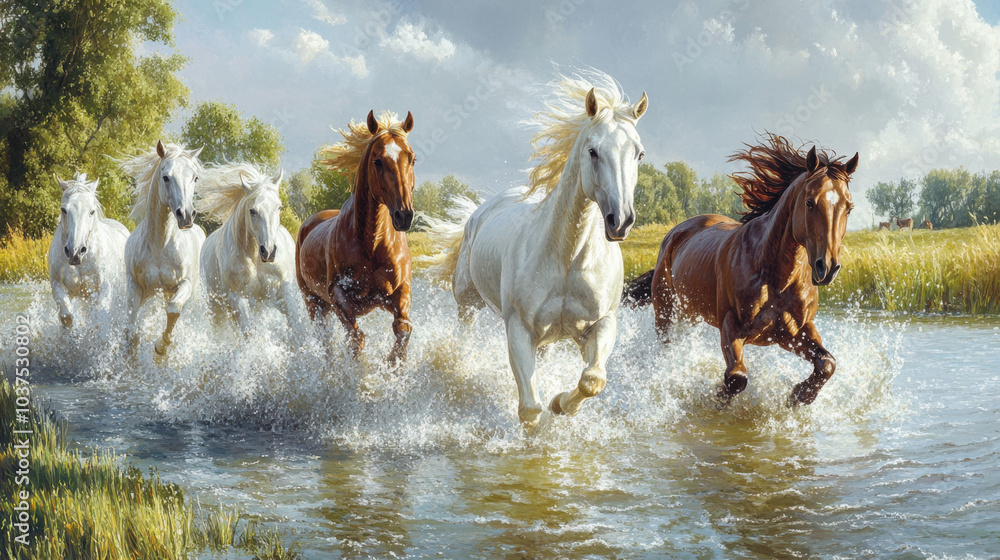 Majestic horses galloping through shimmering water body, creating splashes as they run. scene captures beauty of nature and grace of these animals Majestic horses galloping through shimmering water body, creating splashes as they run. scene captures beauty of nature and grace of these animals