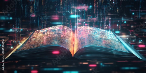  Open book with glowing virtual data streams, representing digital education, technology, and knowledge transfer in a futuristic setting.
