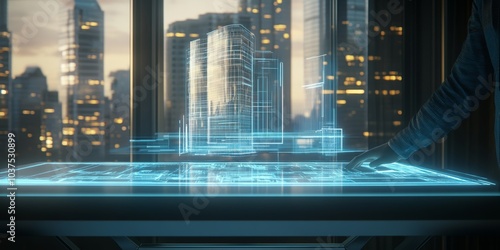 holographic table of an architect where he is projecting a building, futuristic office by day with a window in the background; no person