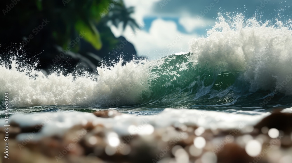 Φωτογραφία A stunning depiction of a vibrant ocean wave crashing against a pebbled shore in a tropical setting, capturing the essence of nature's raw beauty and serenity