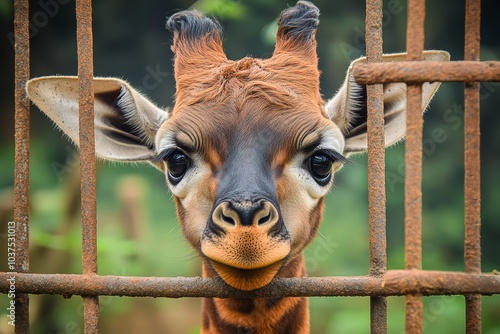 動物園の檻越しに見つめる生後数ヶ月のキリンの子供の姿 photo