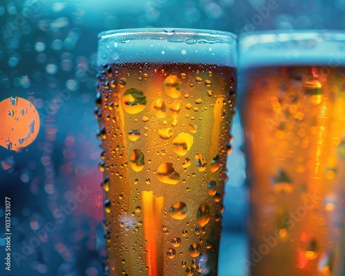 Two glasses of beer with condensation on a rainy day. photo