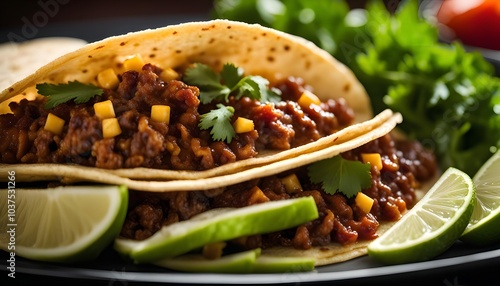 Close-Up of Delicious Ground Beef Tacos with Lime Slices