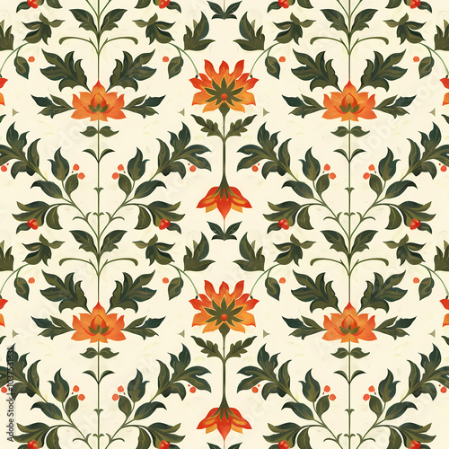 Vibrant floral pattern featuring blooming orange flowers and lush green leaves against a light background, perfect for textiles and home decor.