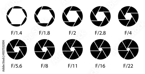 Camera aperture icon set in black colors. Silhouette camera lens diaphragm icon isolated. Shutter camera aperture lens icon set. Aperture icons. Camera lens diaphragm with aperture value numbers.