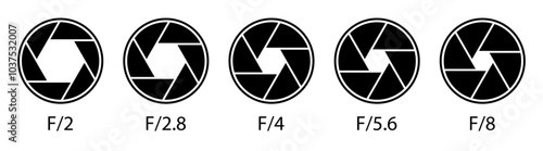 Silhouette camera lens diaphragm collection. Camera shutter icons set in black color. Photo camera icons. Camera photography icons. Lens aperture, photo shutter, photo lens, shutter lens isolated set.