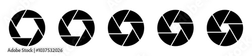 Silhouette camera lens diaphragm. Camera shutter vector icons set. Photo camera icon symbol. Camera photography icons. Lens aperture, photo shutter, photo lens, shutter lens isolated set. Vector icons