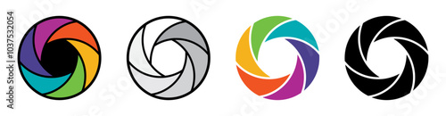 Camera aperture icon symbol set in different color. Silhouette camera lens diaphragm icon isolated set. Shutter camera aperture lens icon set different style. Aperture icons set. Vector illustration.