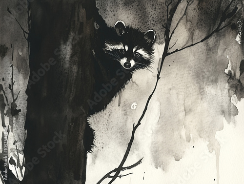 Midnight Prowl: A Climbing Raccoon Up a Tree in Shadowy Monochrome photo