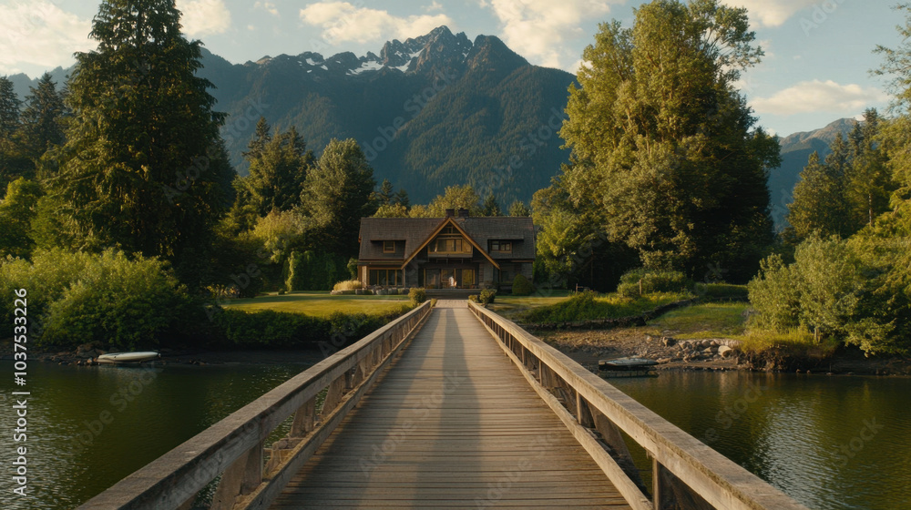 Fototapeta premium serene wooden bridge leads to charming lake house surrounded by lush trees and majestic mountains. tranquil setting evokes sense of peace and natural beauty