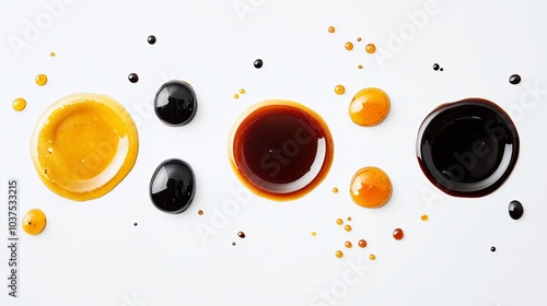 Top View of Spilled Soy Sauce, Teriyaki Drops, Oyster Sauce, and Balsamic Vinegar Puddles Isolated on White Background