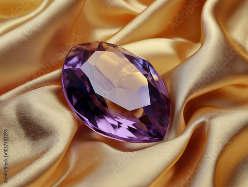 Alexandrite’s Luxe: Exquisitely Cut Gem on Satin Golden Fabric photo