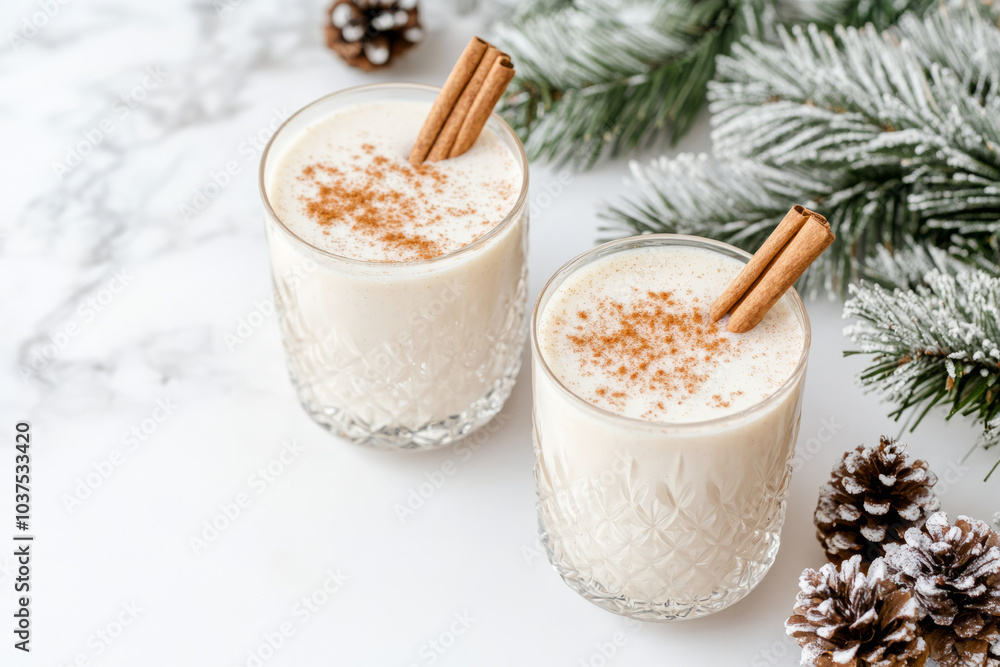 Two glasses of eggnog topped with cinnamon sticks and star anise. Evergreen sprigs in the background Two glasses of eggnog topped with cinnamon sticks and star anise. Evergreen sprigs in the background