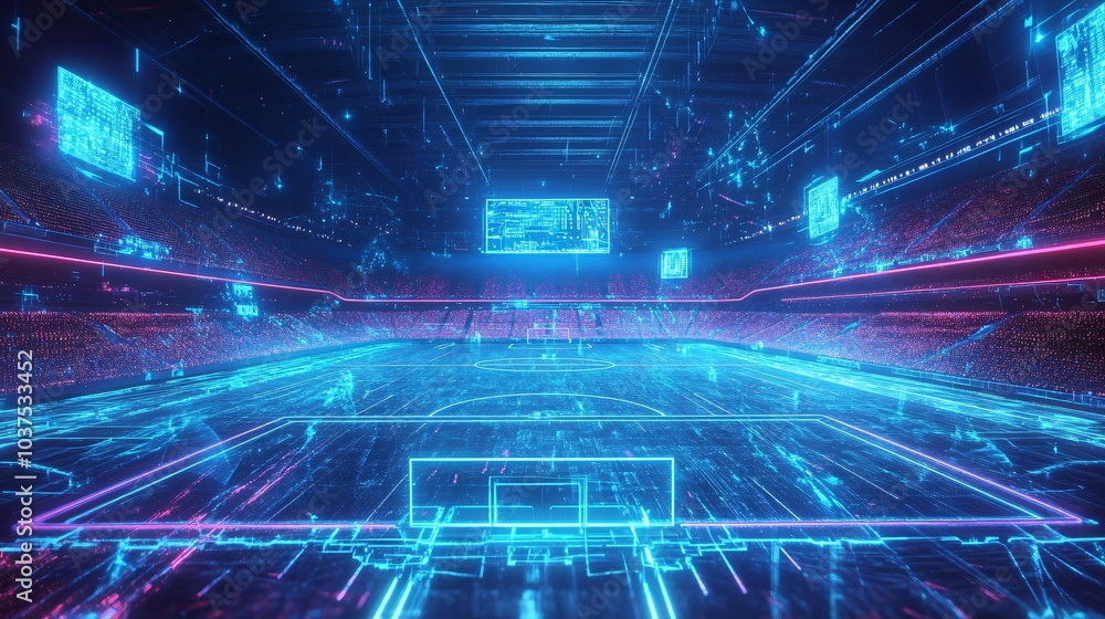 Futuristic digital neon arena with holographic field, glowing lights and stadium audience. Futuristic digital neon arena with holographic field, glowing lights and stadium audience.