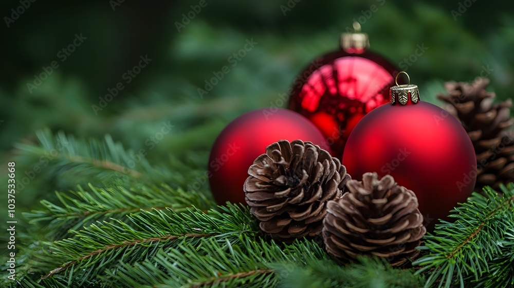 Fototapeta premium Red Christmas Ornaments and Pine Cones on Evergreen Branches