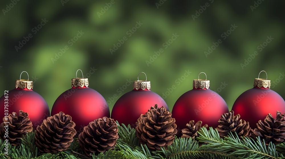 Fototapeta premium Five Red Christmas Ornaments with Pine Cones and Evergreen Branches