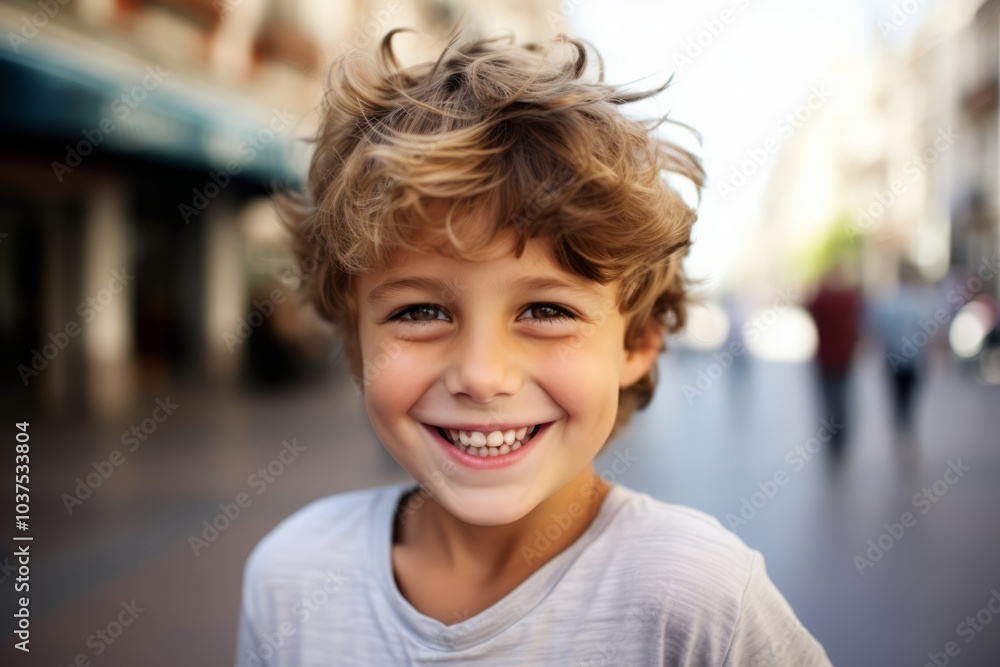 Portrait of a cute little boy smiling in the street. Shallow depth of field. Portrait of a cute little boy smiling in the street. Shallow depth of field.