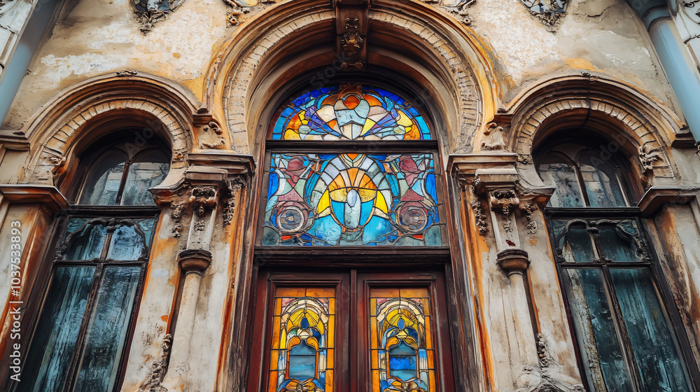 Fototapeta premium A historical facade with beautiful stained glass windows