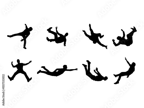 Set of Falling People Silhouette in various poses isolated on white background