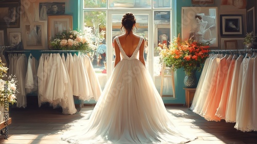 A bride admires herself in a wedding dress shop, surrounded by elegant gowns and floral decor.