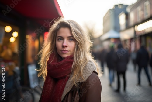 Portrait of a beautiful young woman with blond hair and red scarf in the city