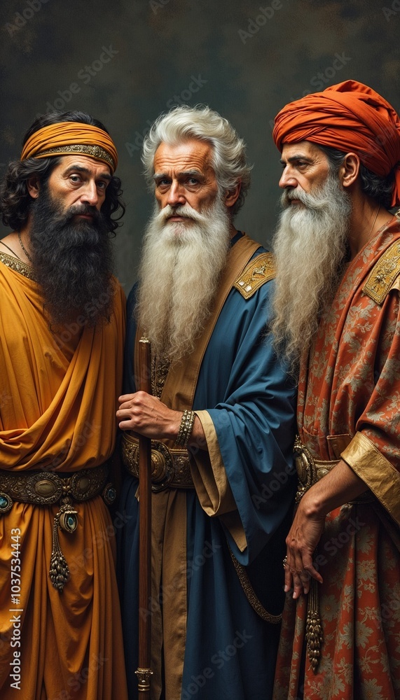 Fototapeta premium Three Wise Men in ancient attire with serious expressions and rich details, against a dark background