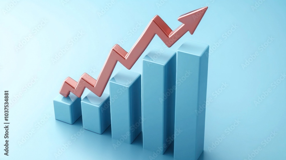 A bar graph illustrates a steady upward trend with increasing values represented by blue bars and a red arrow, symbolizing growth in business performance and success metrics A bar graph illustrates a steady upward trend with increasing values represented by blue bars and a red arrow, symbolizing growth in business performance and success metrics