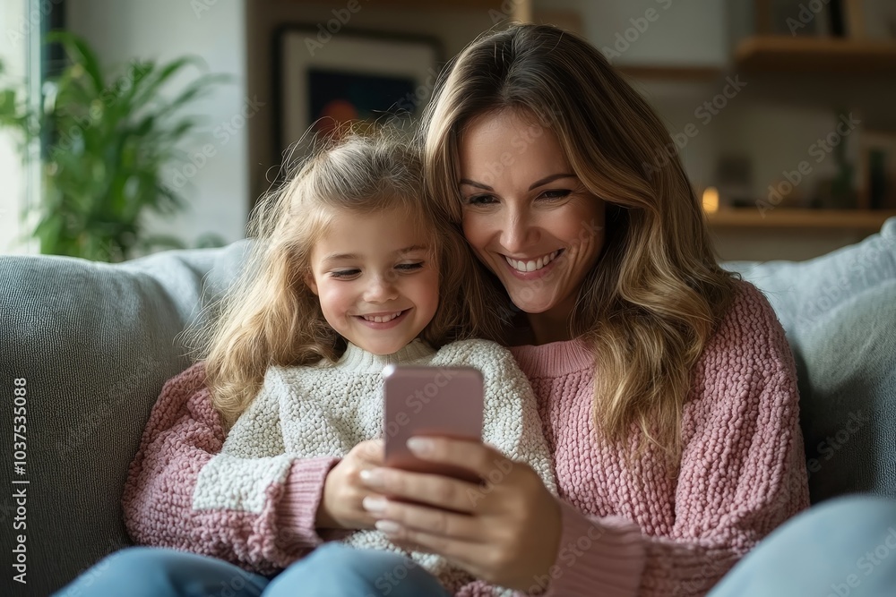Happy mother and little daughter using smartphone sitting on sofa at home, scrolling social media, websurfing via phone gadget, Generative AI Happy mother and little daughter using smartphone sitting on sofa at home, scrolling social media, websurfing via phone gadget, Generative AI