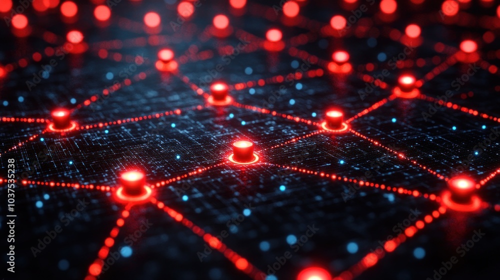 Glowing red nodes connect through intricate digital lines against a dark background, illustrating the concept of a complex network and technological connectivity in a modern environment Glowing red nodes connect through intricate digital lines against a dark background, illustrating the concept of a complex network and technological connectivity in a modern environment