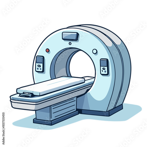 CT scanner machine illustration, medical equipment in blue and white