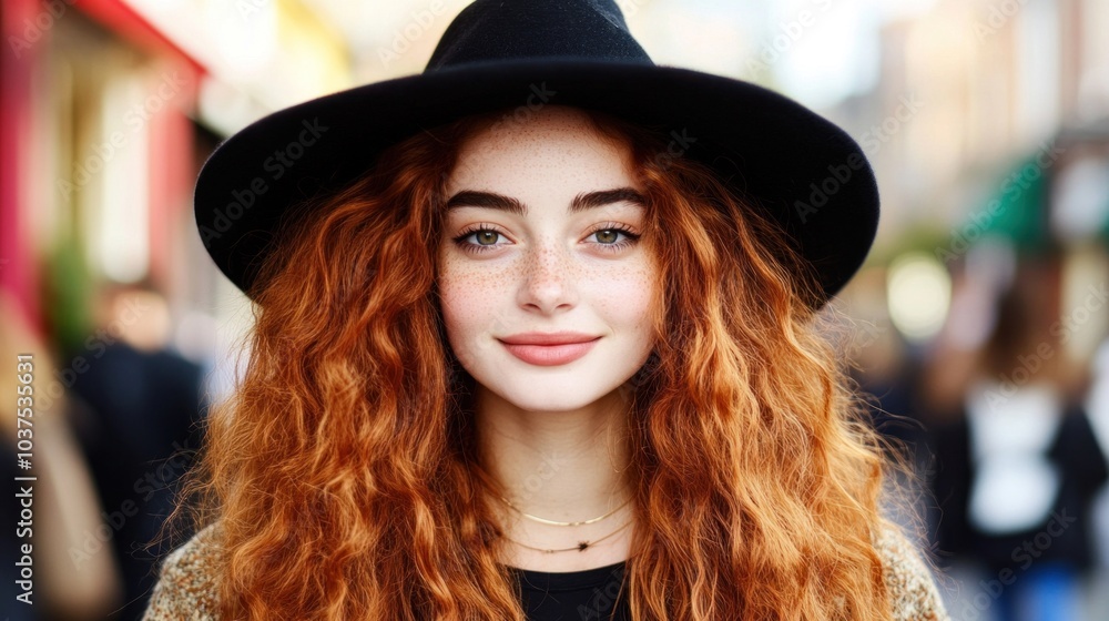 The young woman stands confidently on a bustling city street, wearing a stylish wide-brimmed hat. Her vibrant curly red hair frames her face as she smiles, exuding warmth among the crowd The young woman stands confidently on a bustling city street, wearing a stylish wide-brimmed hat. Her vibrant curly red hair frames her face as she smiles, exuding warmth among the crowd