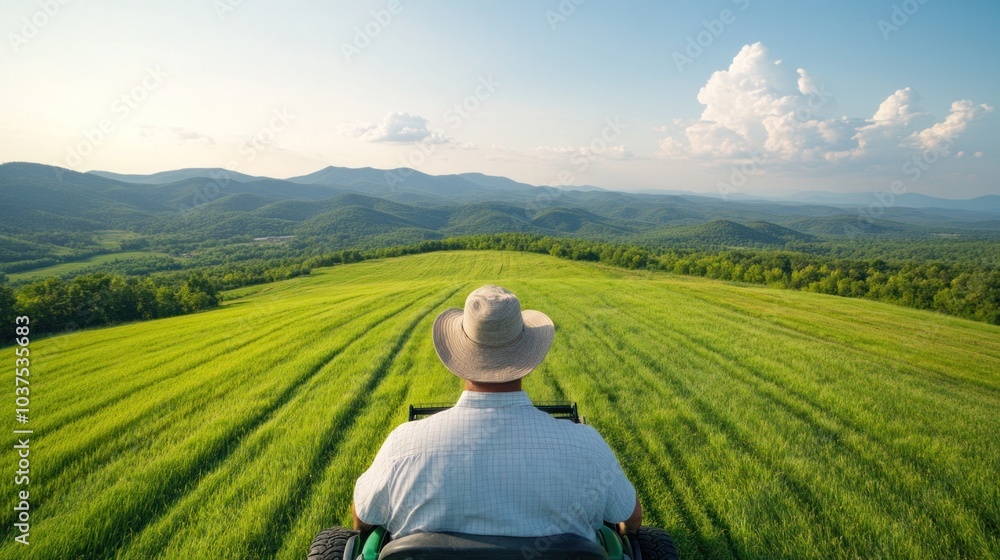 A farmer drives his tractor across a vast green field, taking in the breathtaking views of rolling hills and a clear blue sky on a serene afternoon A farmer drives his tractor across a vast green field, taking in the breathtaking views of rolling hills and a clear blue sky on a serene afternoon