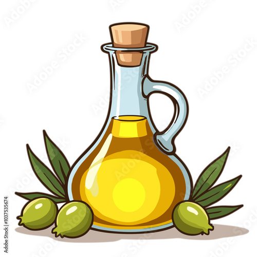 Olive oil bottle with olives and leaves, vector illustration