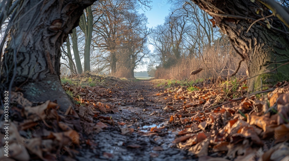 A serene autumn forest pathway with fallen leaves, flanked by two large trees, reveals a tranquil and picturesque natural tunnel leading to an open, sunlit clearing A serene autumn forest pathway with fallen leaves, flanked by two large trees, reveals a tranquil and picturesque natural tunnel leading to an open, sunlit clearing