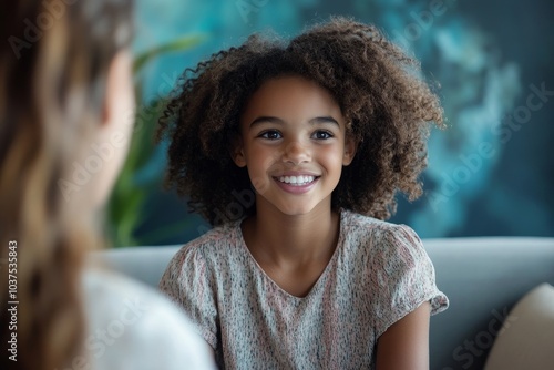 Pretty preteen girl attending therapy session with female psychologist, cheerful child psychotherapist having conversation with kid, sitting on couch at, Generative AI