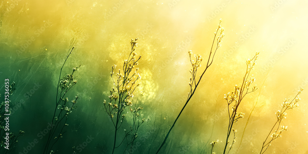 Field of green grass with yellow flowers in the foreground. The grass is tall and the flowers are small. The image has a peaceful and serene mood Field of green grass with yellow flowers in the foreground. The grass is tall and the flowers are small. The image has a peaceful and serene mood