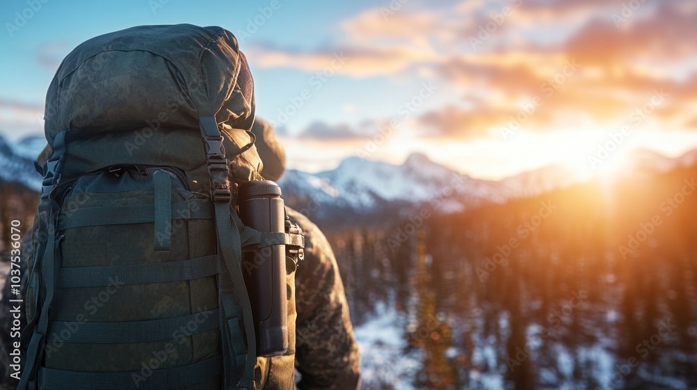 A hiker stands facing a vibrant sunset, wearing a large backpack. Snow-capped mountains are silhouetted against the colorful sky, creating a peaceful outdoor atmosphere A hiker stands facing a vibrant sunset, wearing a large backpack. Snow-capped mountains are silhouetted against the colorful sky, creating a peaceful outdoor atmosphere