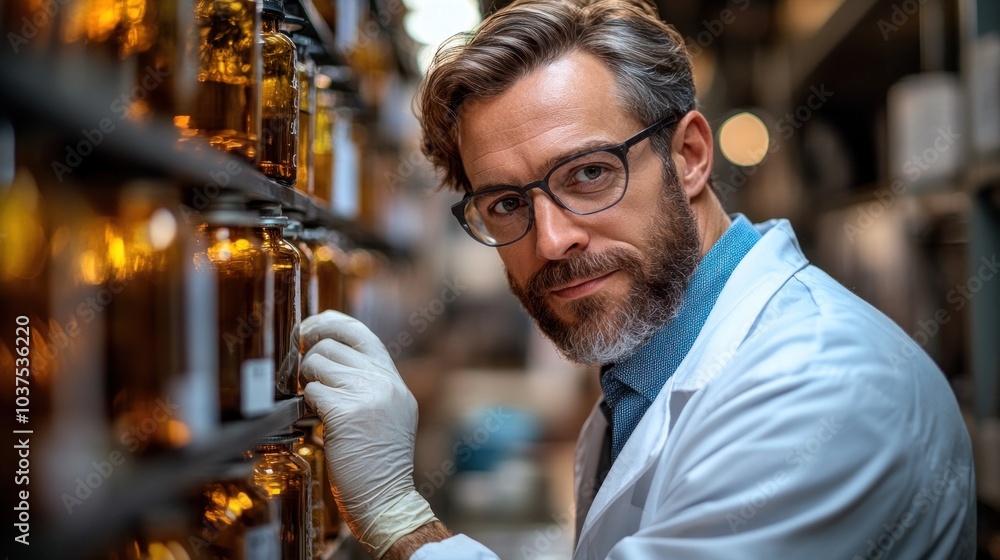 A scientist in a lab coat inspects glass jars containing amber liquids on a shelf, focusing intently on his research amidst an organized laboratory setting A scientist in a lab coat inspects glass jars containing amber liquids on a shelf, focusing intently on his research amidst an organized laboratory setting