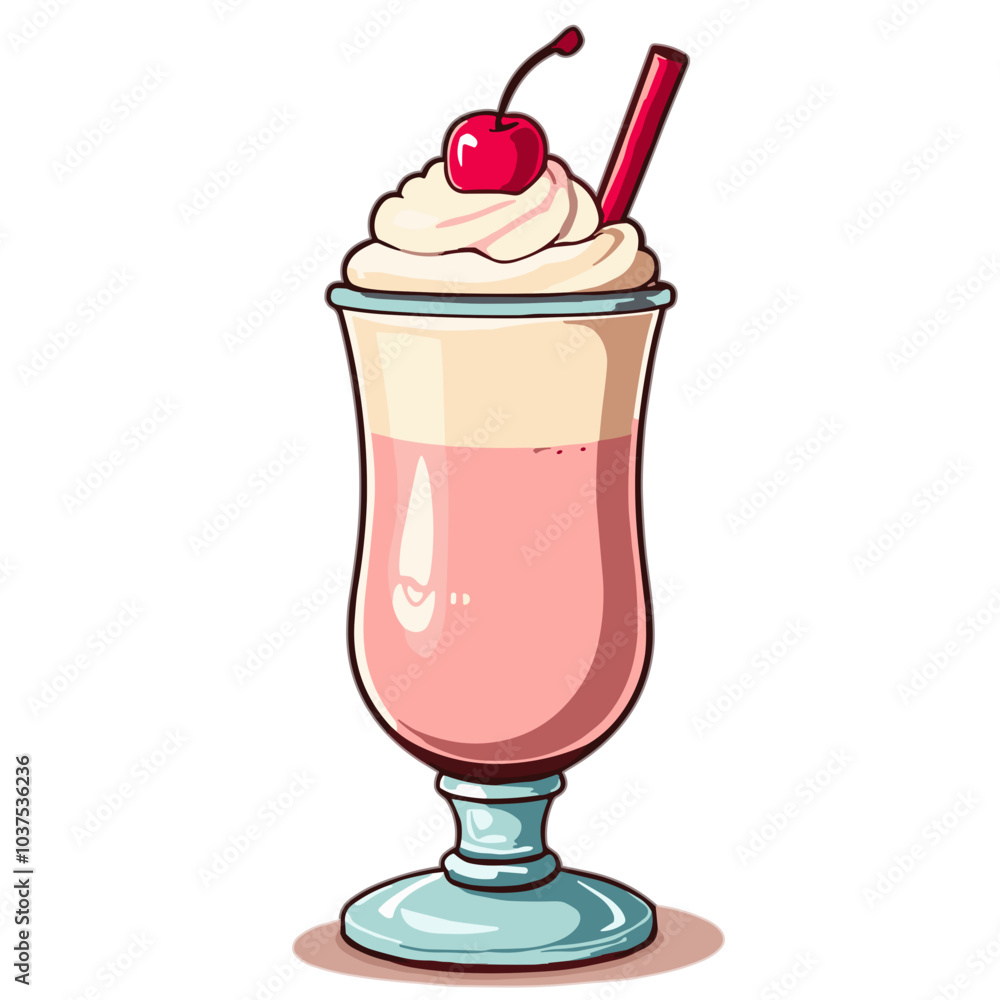 Strawberry milkshake with whipped cream and cherry, vector illustration, dessert drink concept