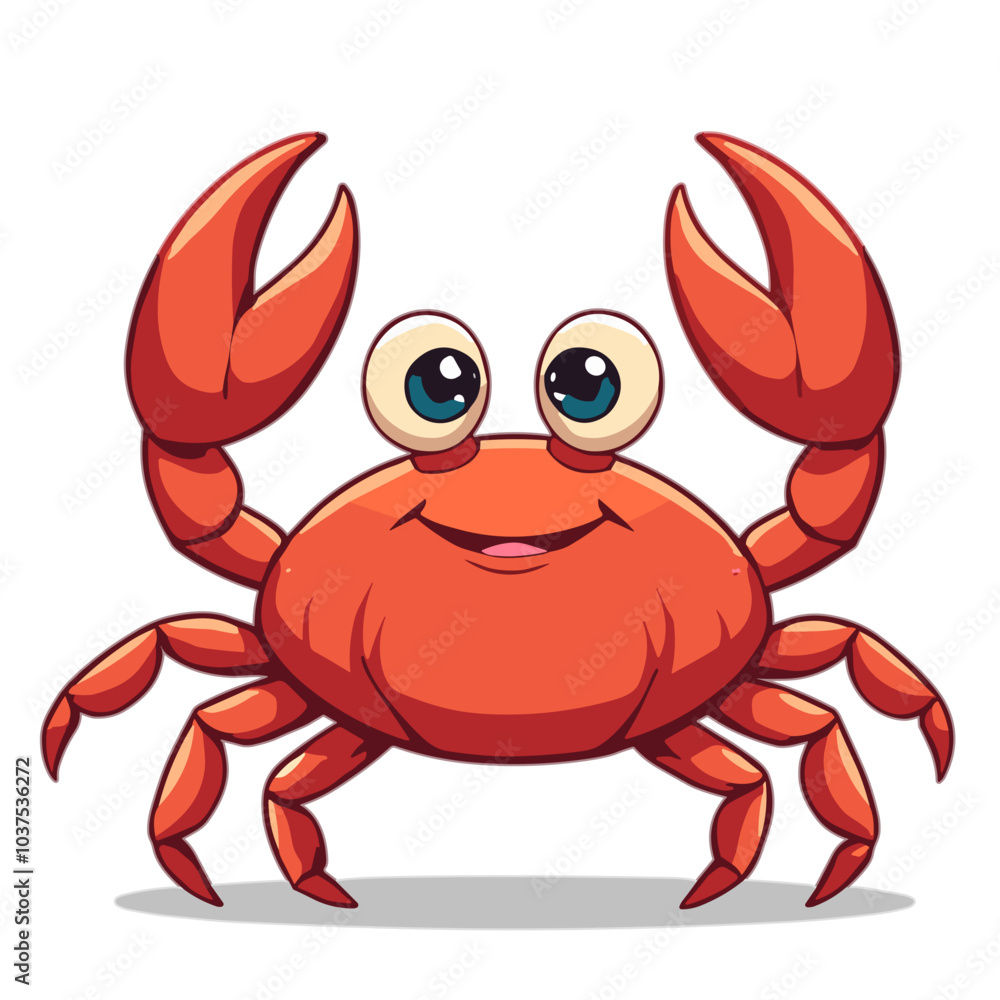 Fototapeta premium Cute smiling red crab with big eyes, vector illustration, seafood mascot concept