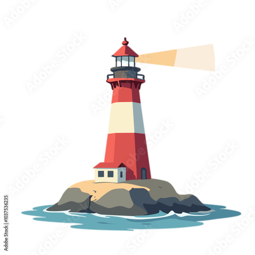 Red lighthouse on rocky island with beam, vector illustration, maritime safety concept