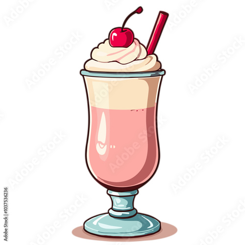 Strawberry milkshake with whipped cream and cherry, vector illustration, dessert drink concept