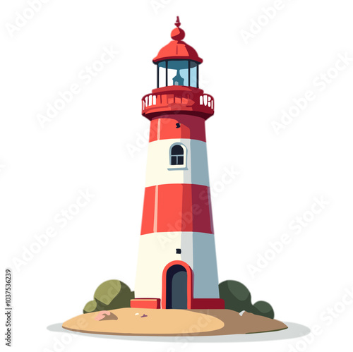 Red and white lighthouse on sandy ground, vector illustration, coastal navigation concept