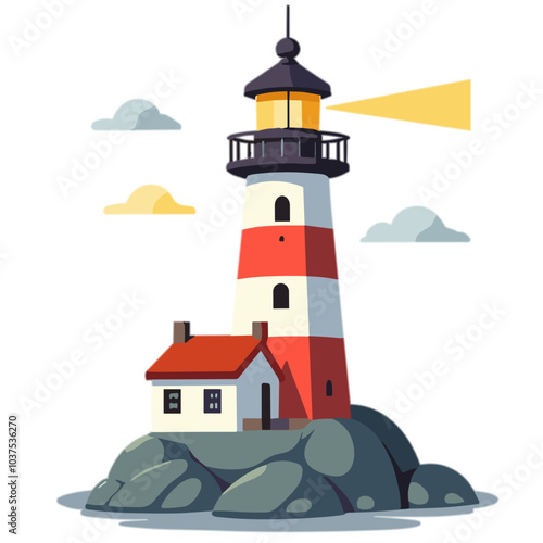 Striped lighthouse with house and clouds, vector illustration, coastal living concept