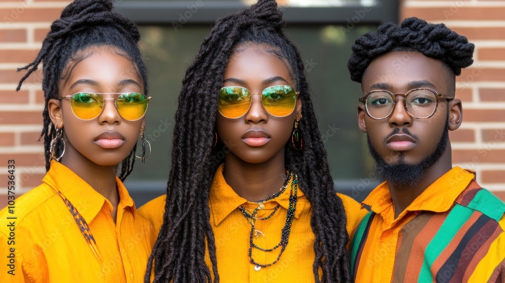 Three stylish individuals stand closely together, each wearing colorful outfits and bold accessories Three stylish individuals stand closely together, each wearing colorful outfits and bold accessories